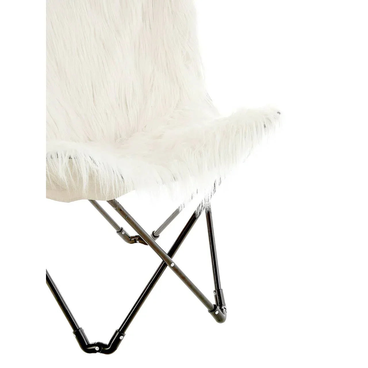 White faux fur accent chair with black metal frame, close-up on seat and legs