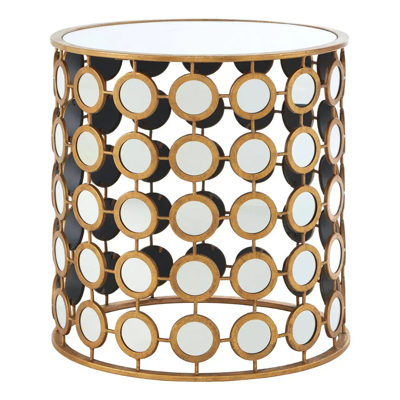 Round side table with gold metal frame and mirrored circular accents
