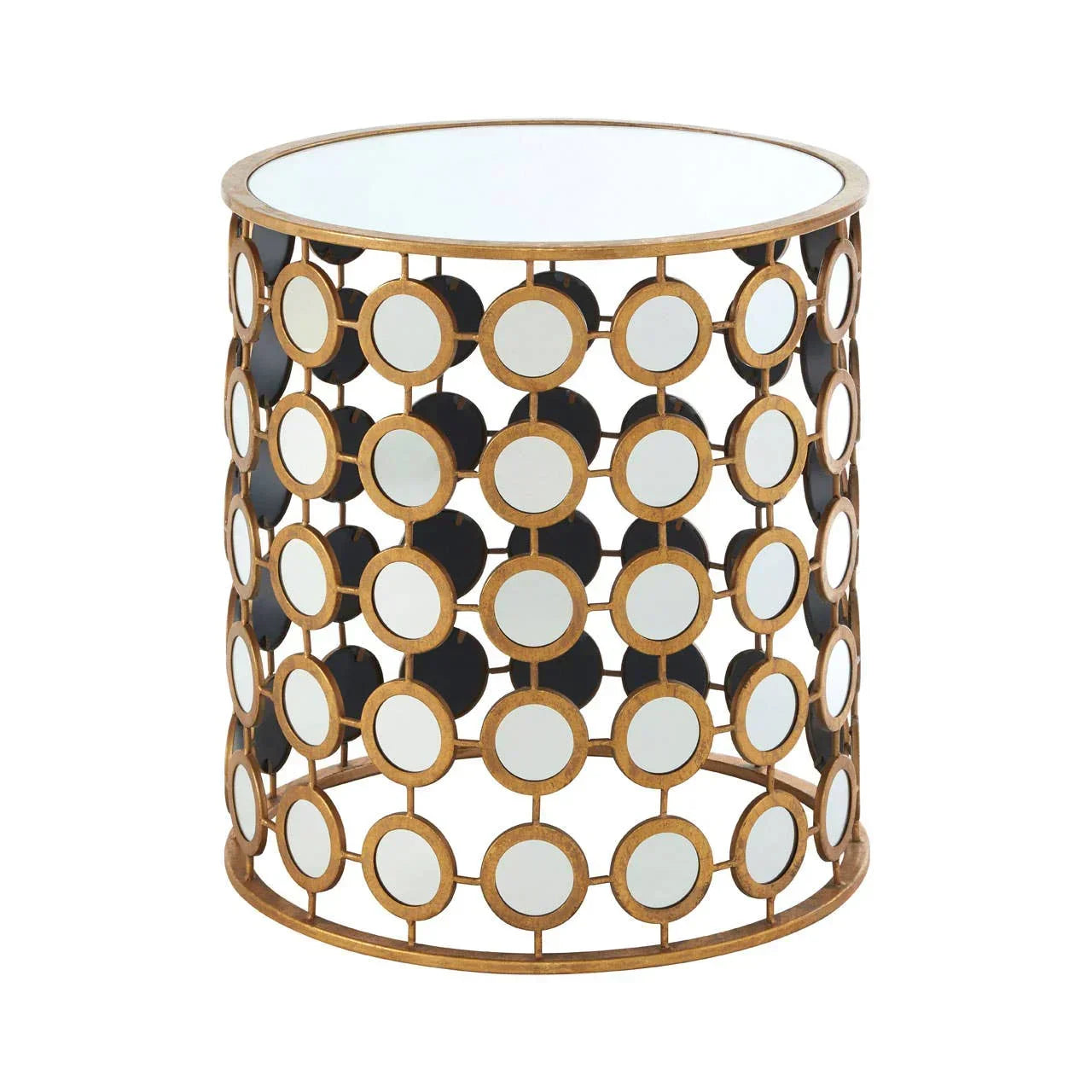 Round side table with gold metal frame and mirrored circular accents, glass top