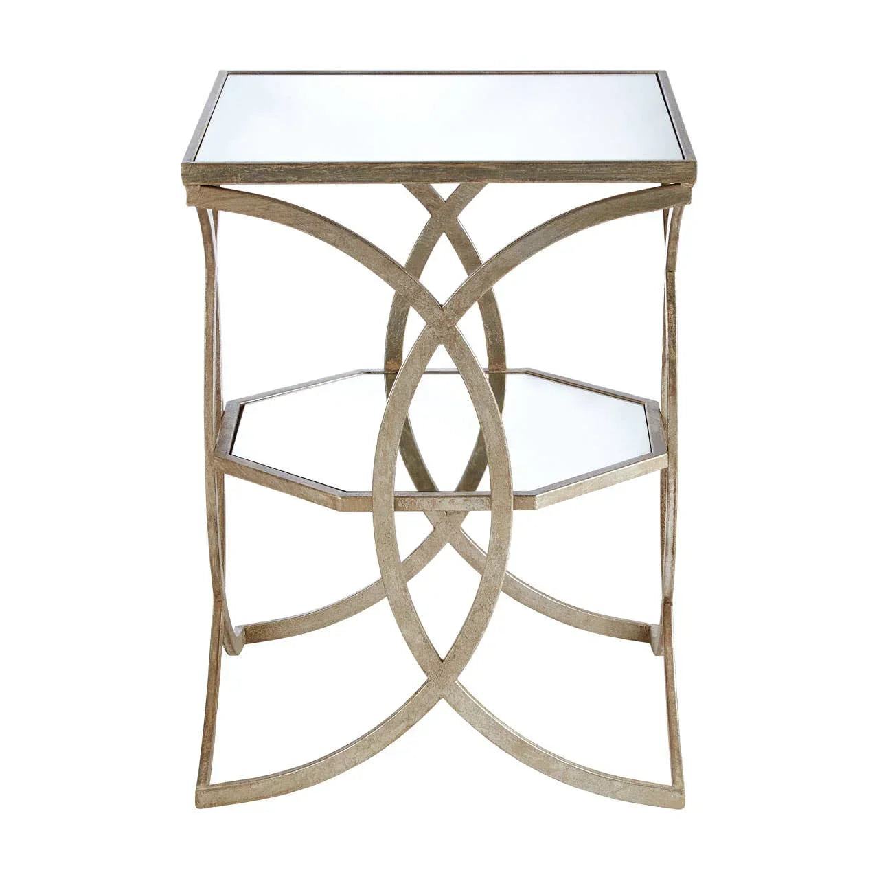 Mirrored side table with gold metal frame and geometric base design