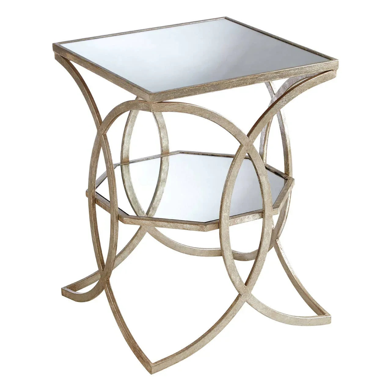 Square glass top side table with curved gold metal frame and mirrored lower shelf