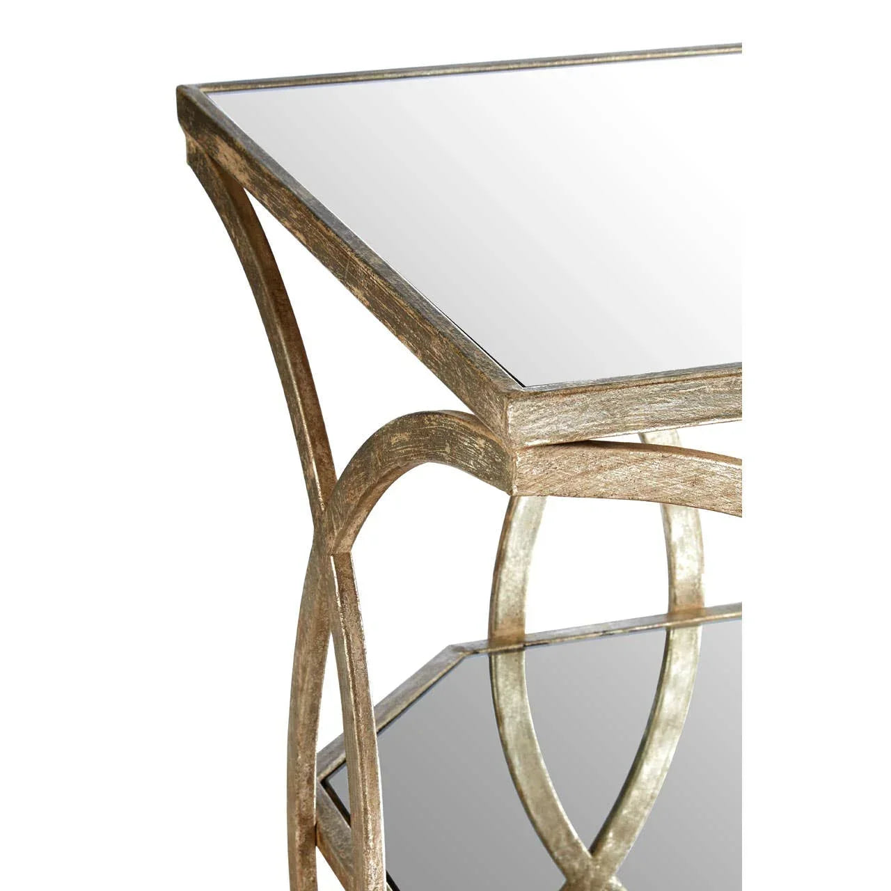 Gold metal mirrored side table with geometric frame and two glass shelves