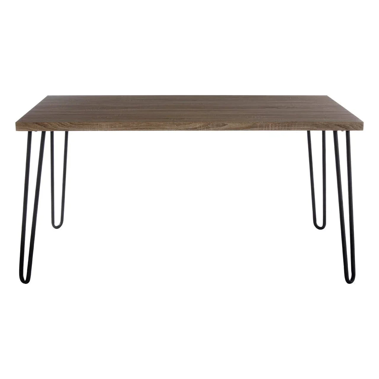 Rectangular dining table with wooden top and black metal hairpin legs