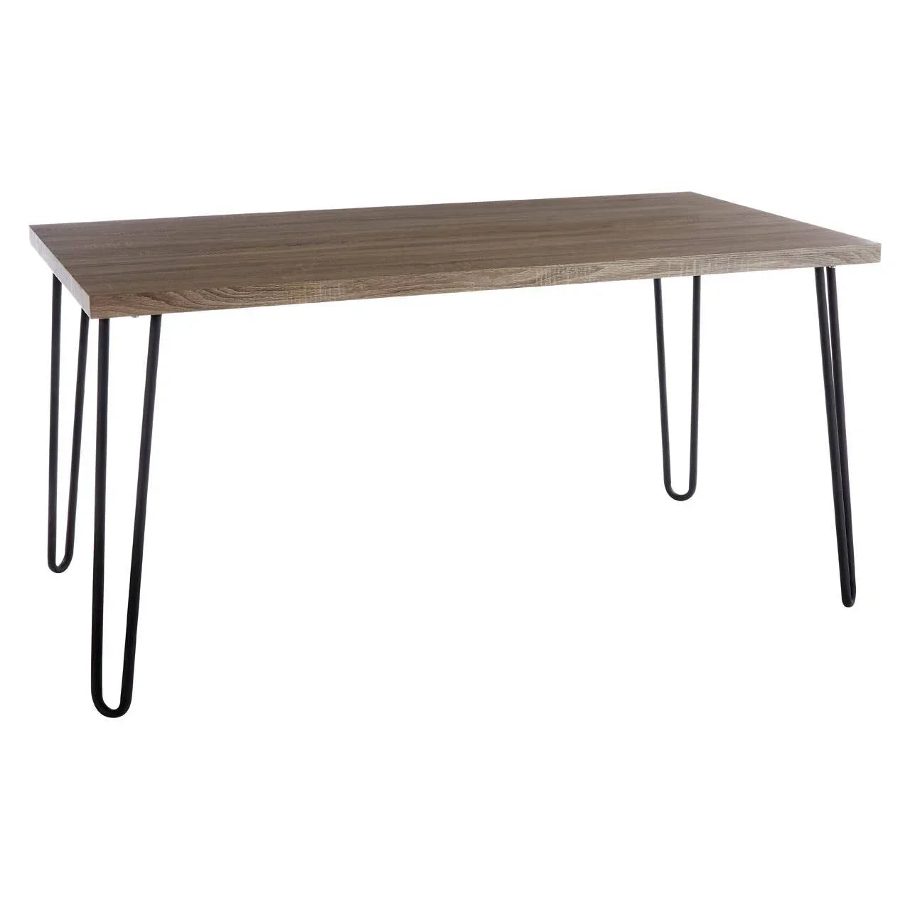 Rectangular dining table with wood effect top and black metal hairpin legs on white background