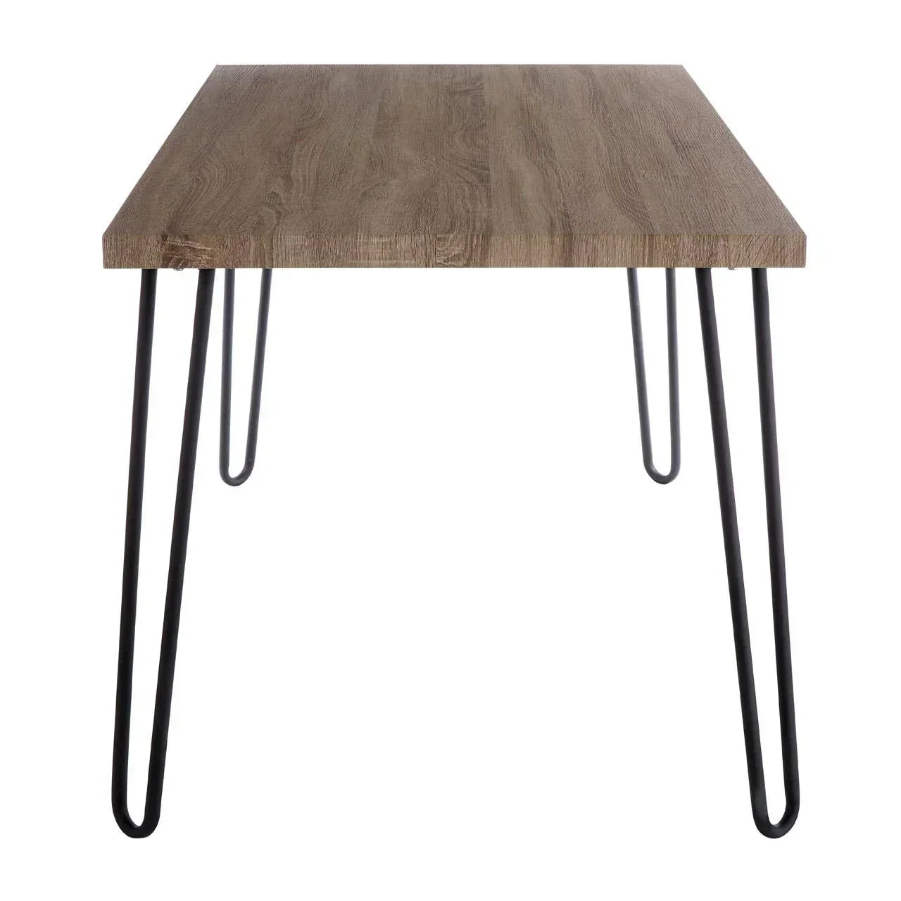 Rectangular wooden dining table with black metal hairpin legs, front view