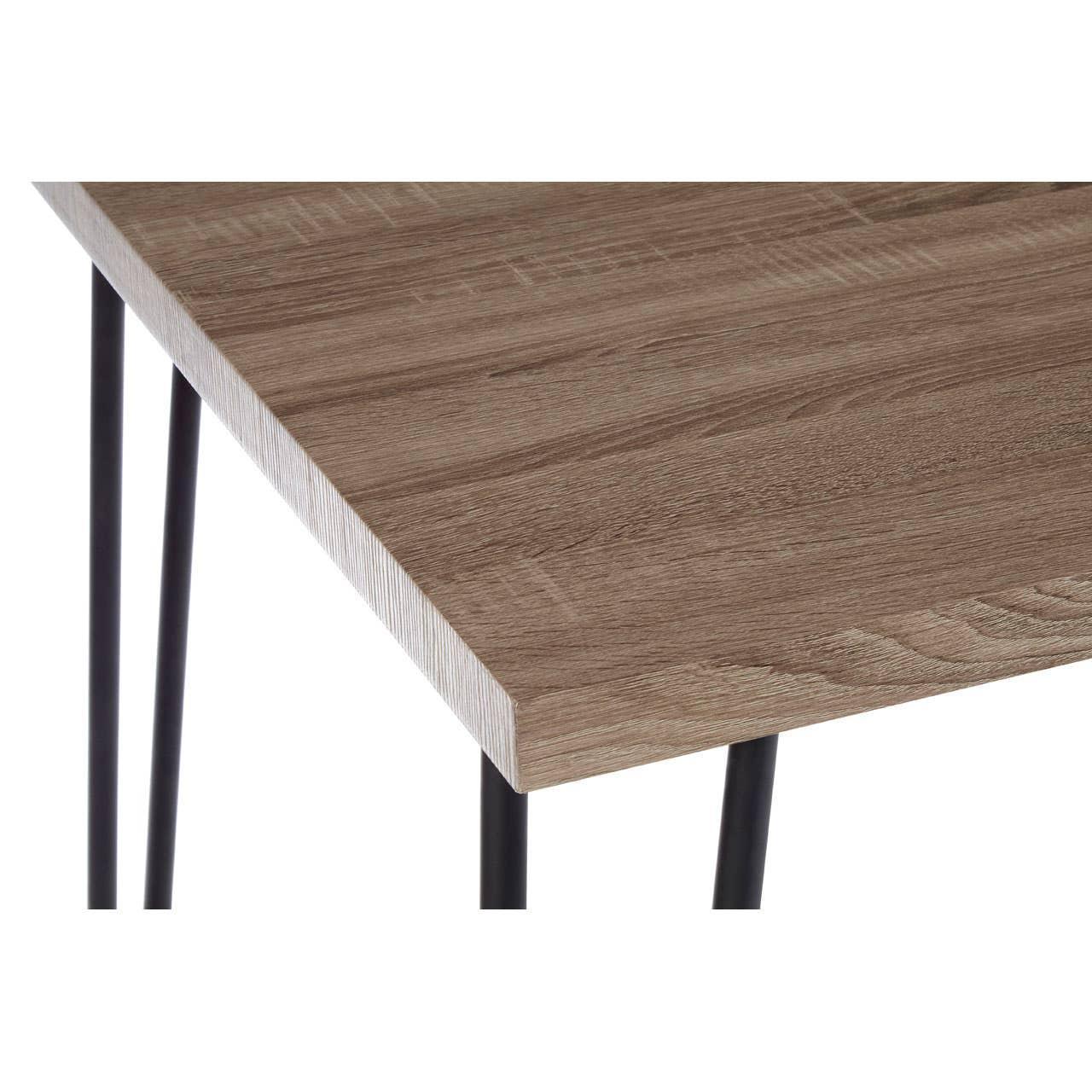 Corner view of wood effect dining table with black metal legs