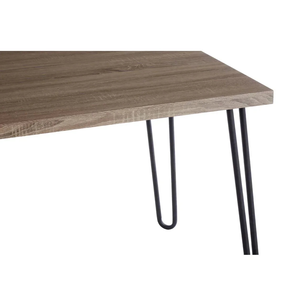 Oak effect dining table corner with black metal hairpin legs