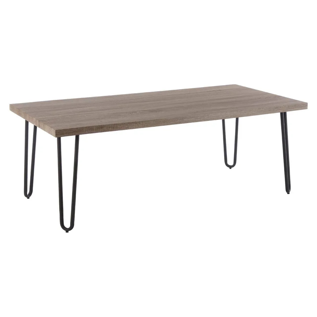 Rectangular wooden dining table with metal hairpin legs, angled side view