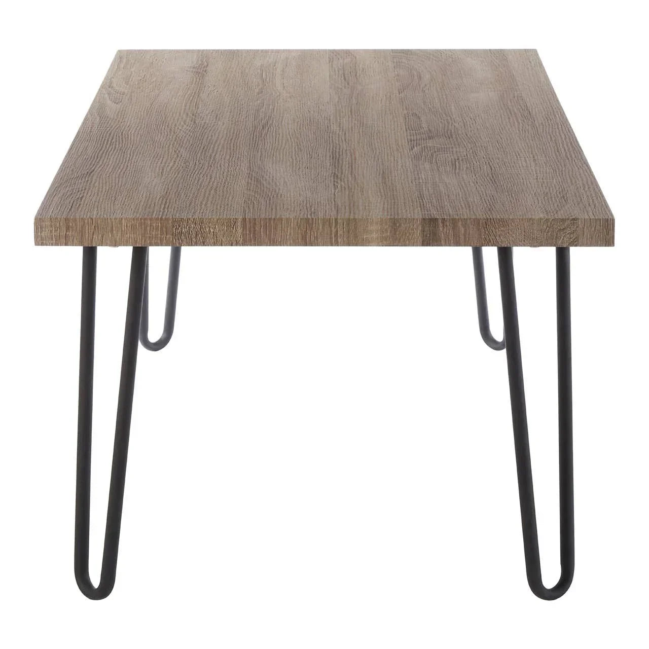 Rectangular wooden coffee table with black metal hairpin legs, front angle view