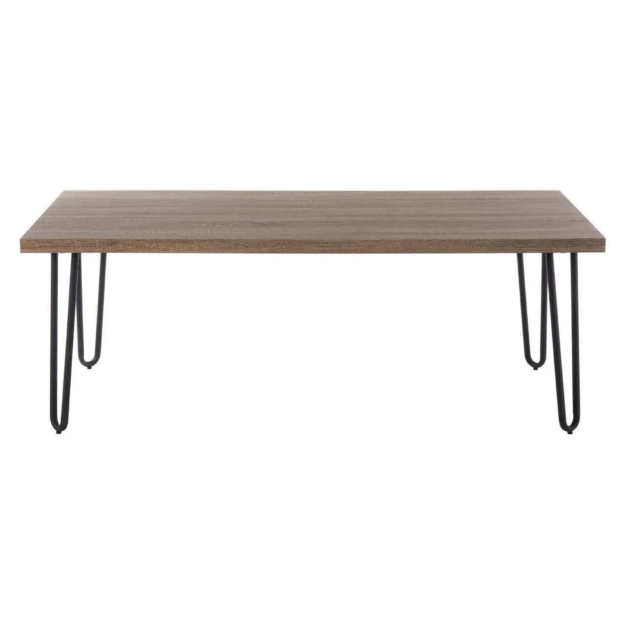 Rectangular wood dining table with black metal hairpin legs, front view