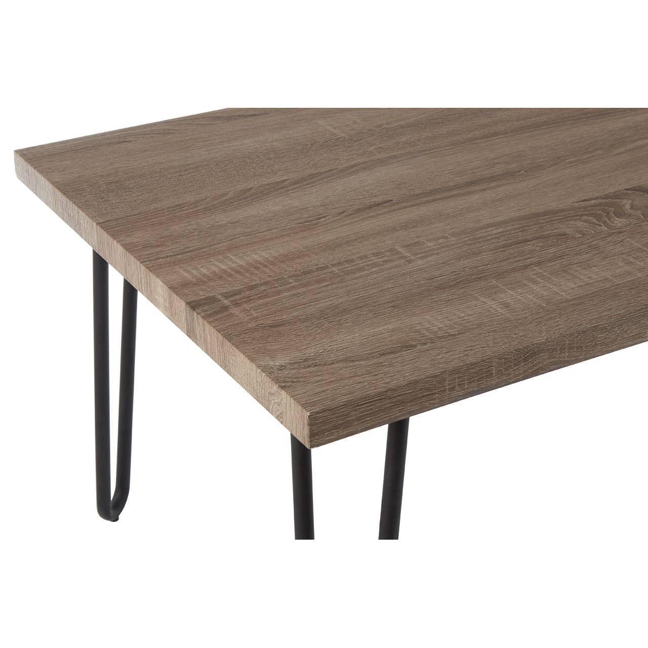 Oak effect dining table with black hairpin legs, close-up of corner and tabletop detail