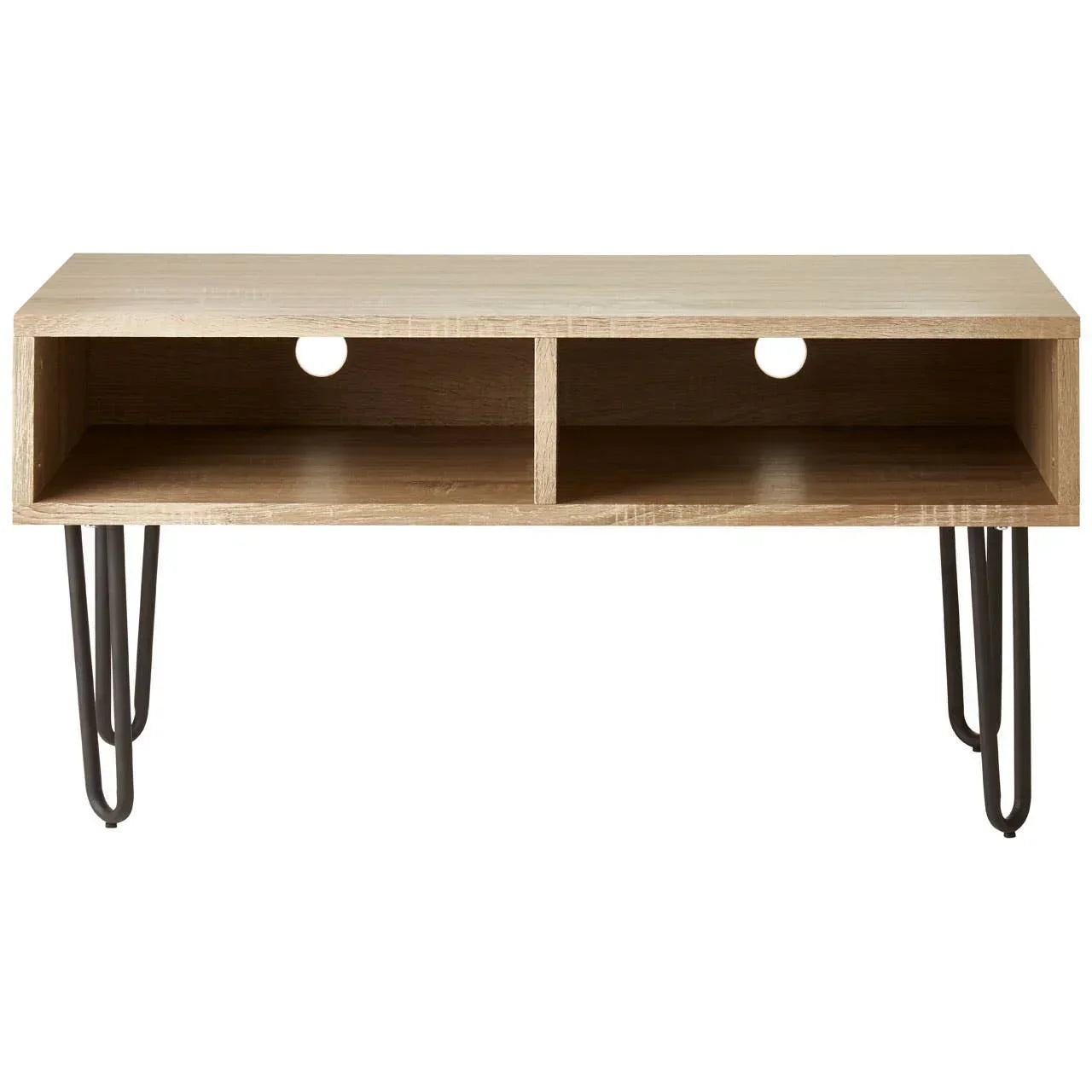Oak TV unit with metal hairpin legs and open cable management shelves, front view