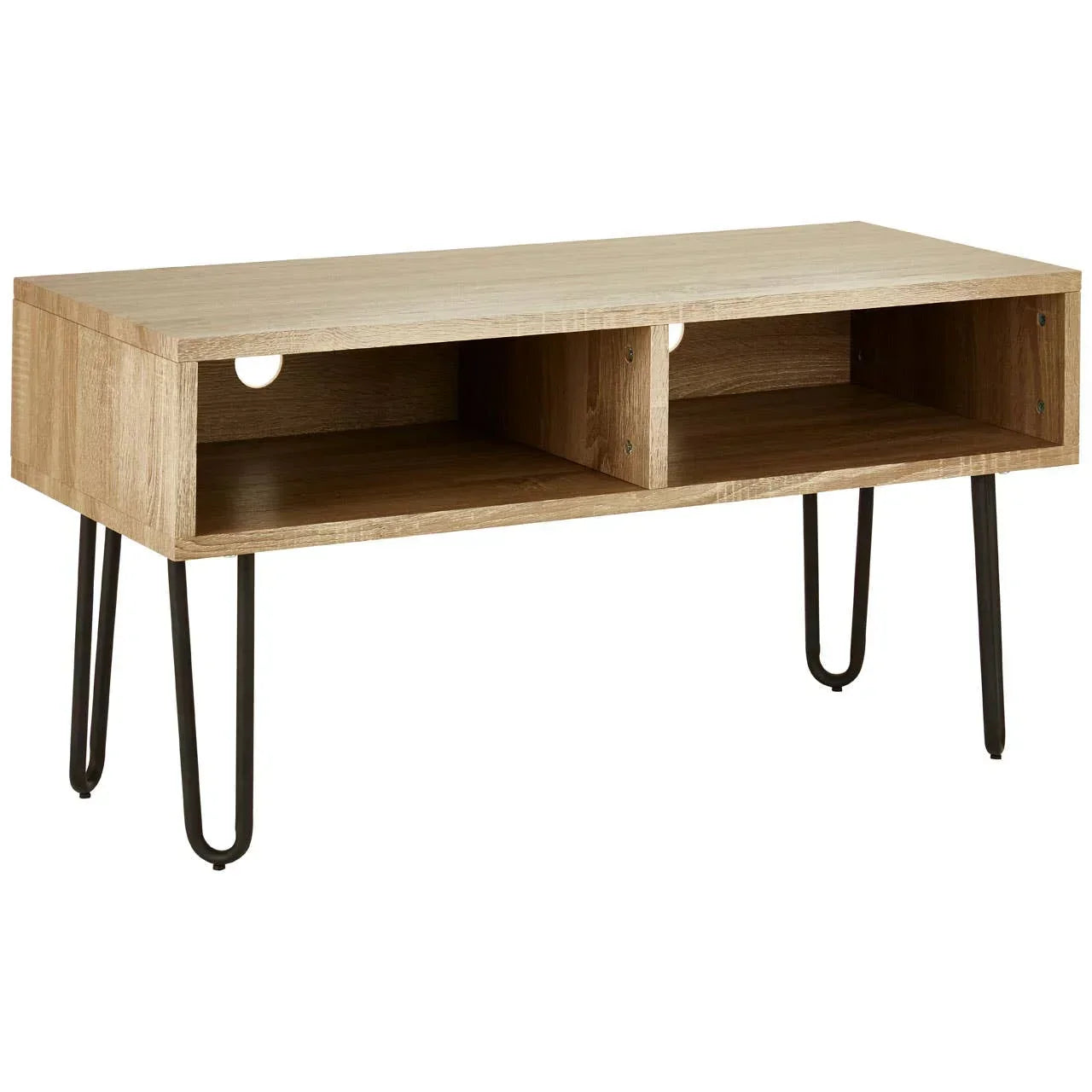 Oak effect TV unit with open shelving and black metal hairpin legs, front angle