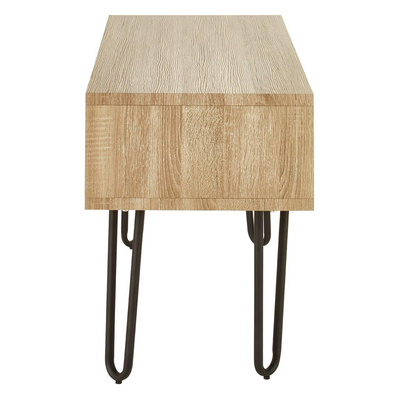 Oak effect side table with metal hairpin legs, front view