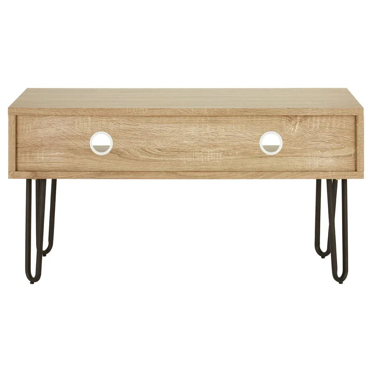Oak effect coffee table with black metal hairpin legs and single drawer front view