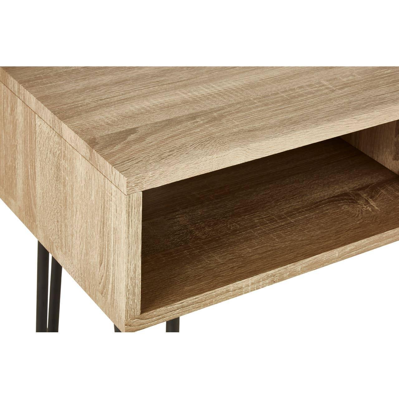 Oak effect console table with open shelf and black metal legs, close-up of corner