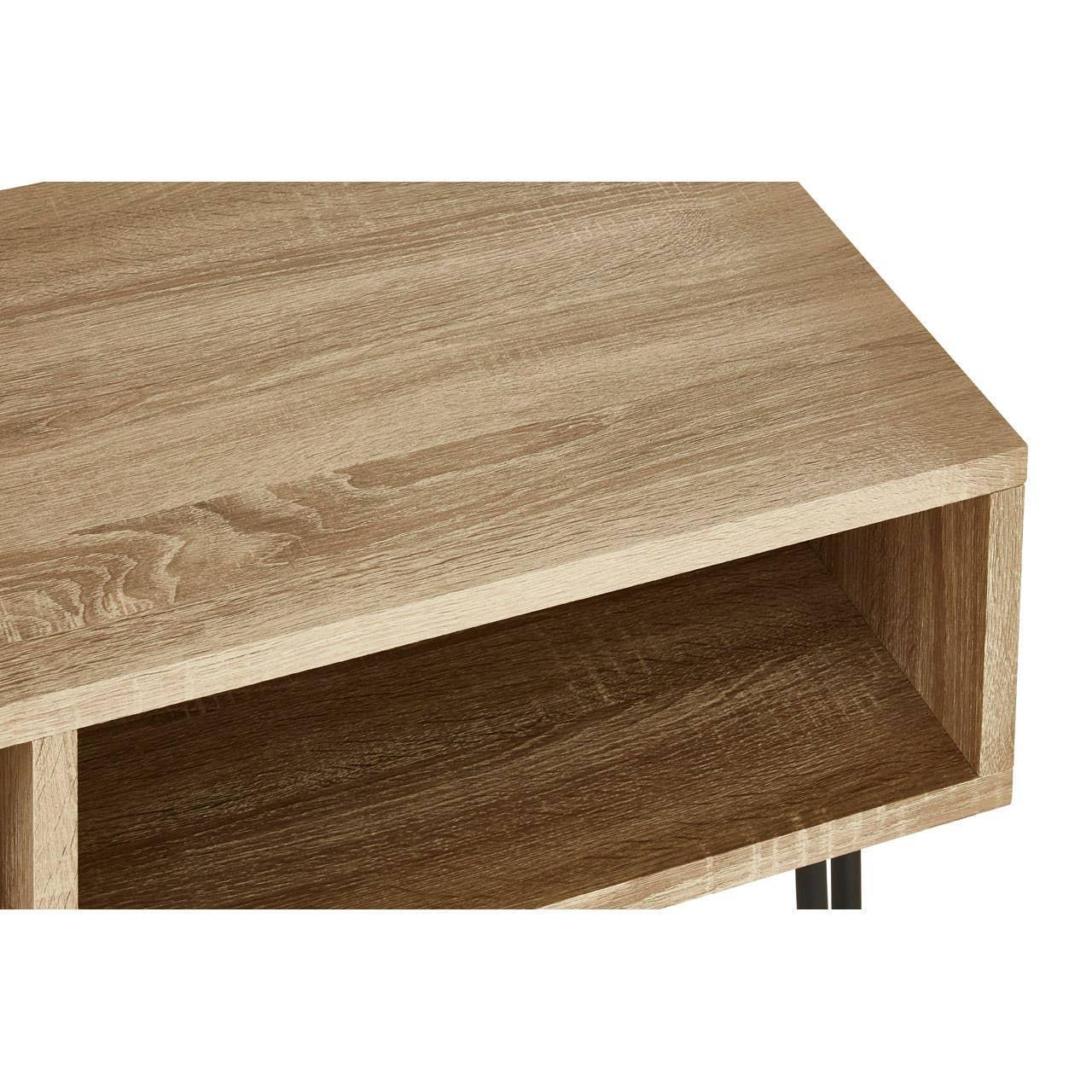 Oak effect coffee table corner with open storage shelf and wood grain finish