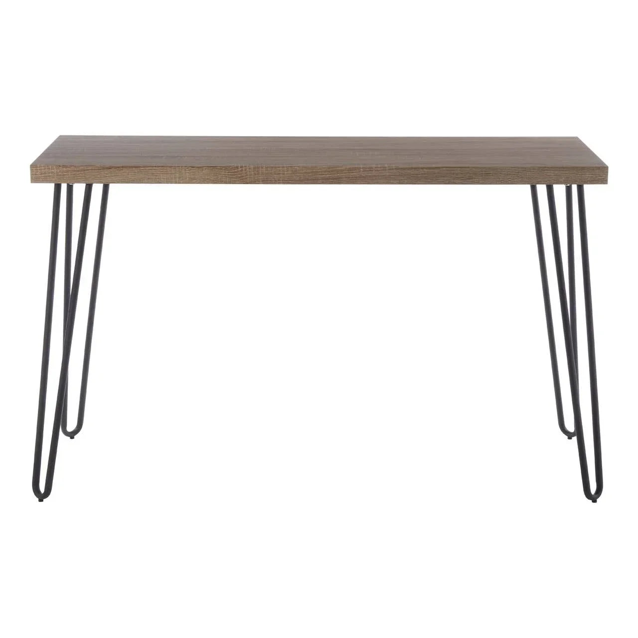 Console table with wood top and black metal hairpin legs