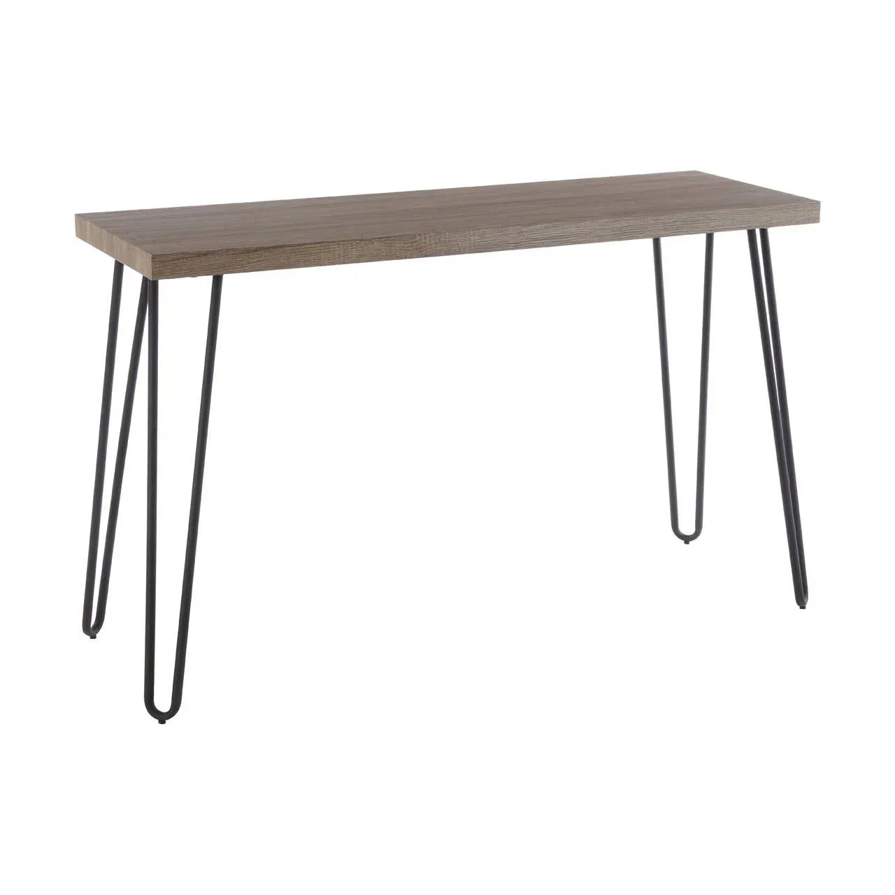 Modern console table with wood top and black metal hairpin legs