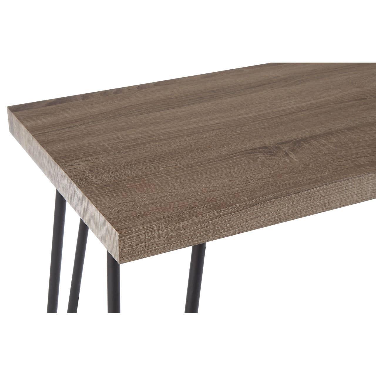 Rectangular wooden table top with black metal hairpin legs, angled side view