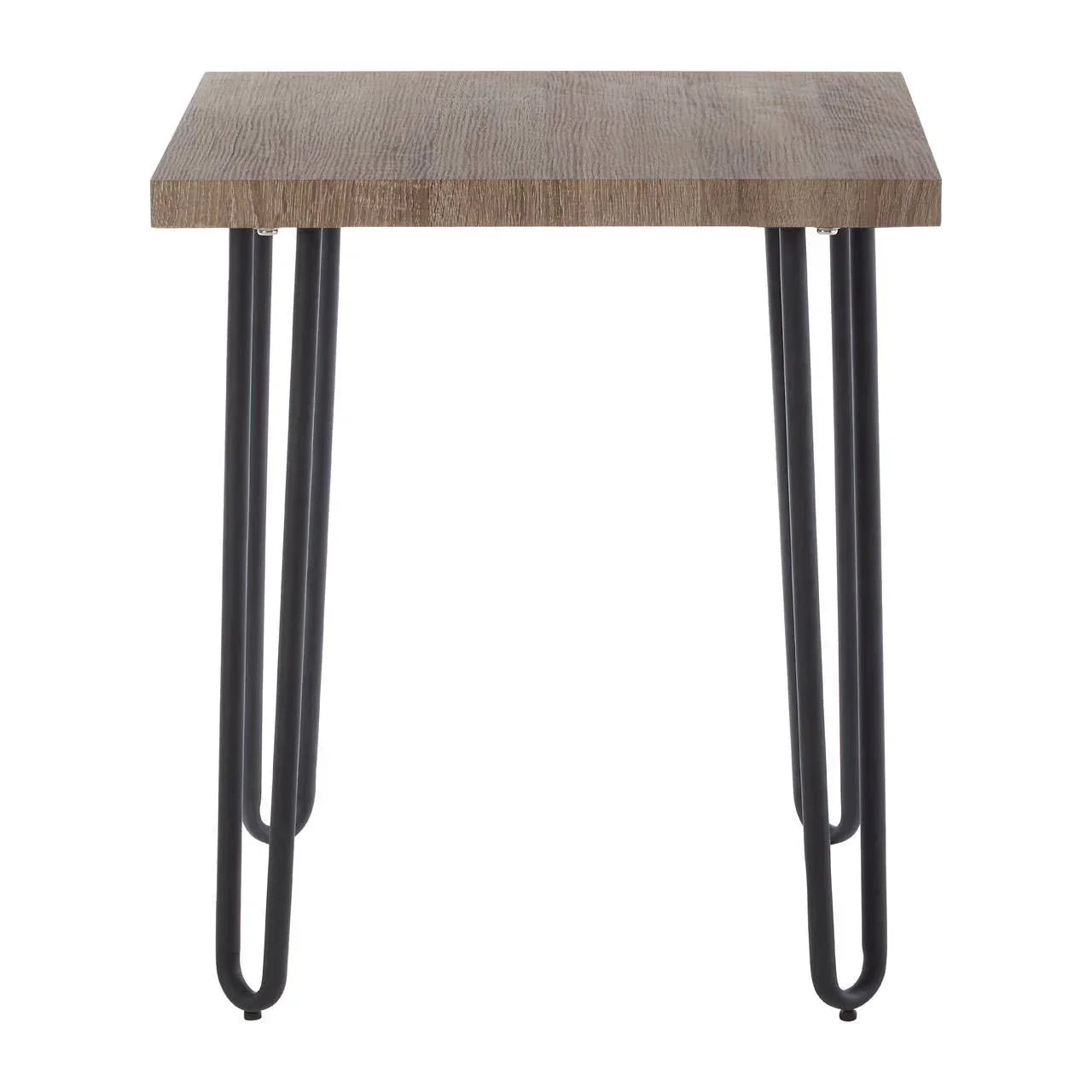 Rectangular side table with wood top and black metal hairpin legs