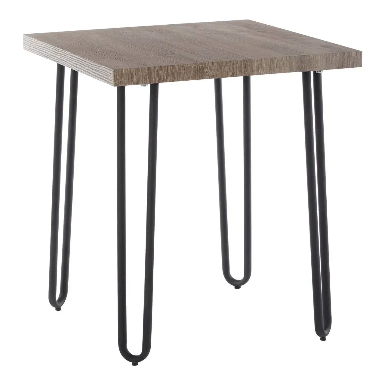 Square side table with wood effect top and black metal hairpin legs