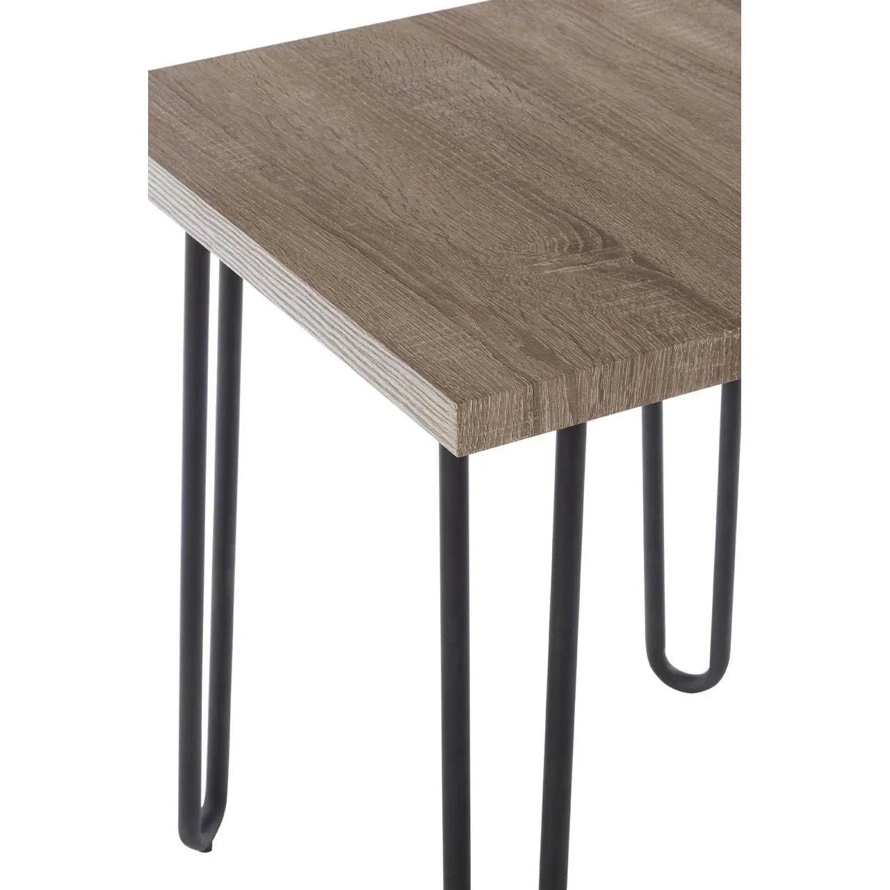 Wooden side table with black metal hairpin legs, close-up of tabletop corner