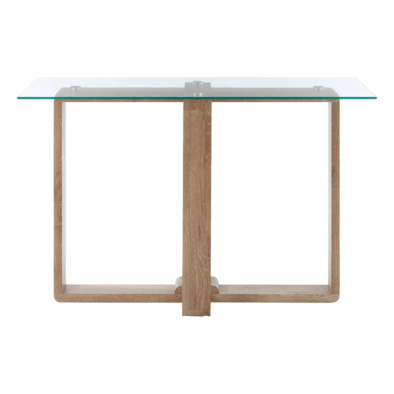 modern console table with clear glass top and light oak wood base, front angle view
