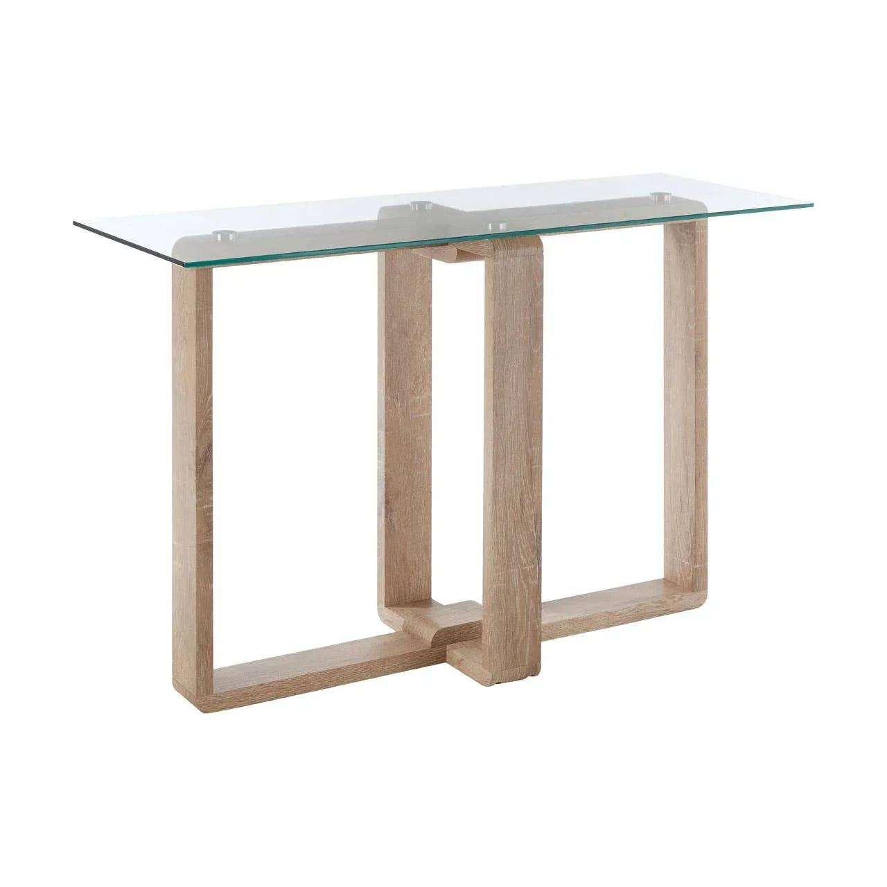 Glass console table with light wood frame and modern geometric base design