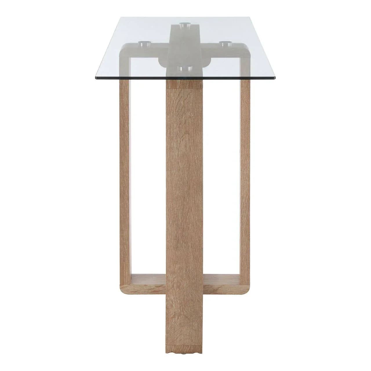 Glass top dining table with light wood base, front view highlighting geometric frame
