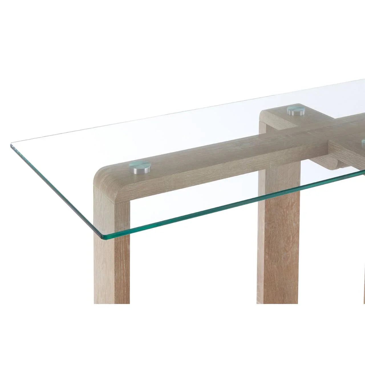 Glass console table with wooden legs and clear rectangular top, close-up corner view
