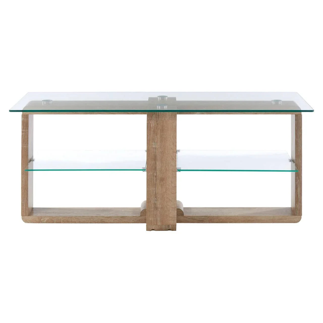 Glass TV stand with wooden frame and two clear glass shelves, front view