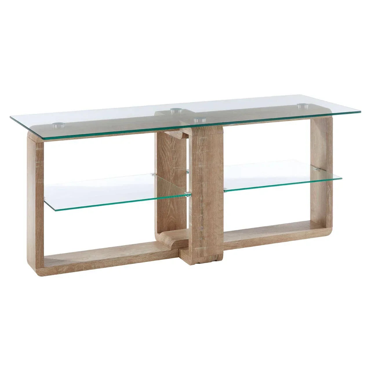 Modern glass TV stand with wood effect frame and two open glass shelves