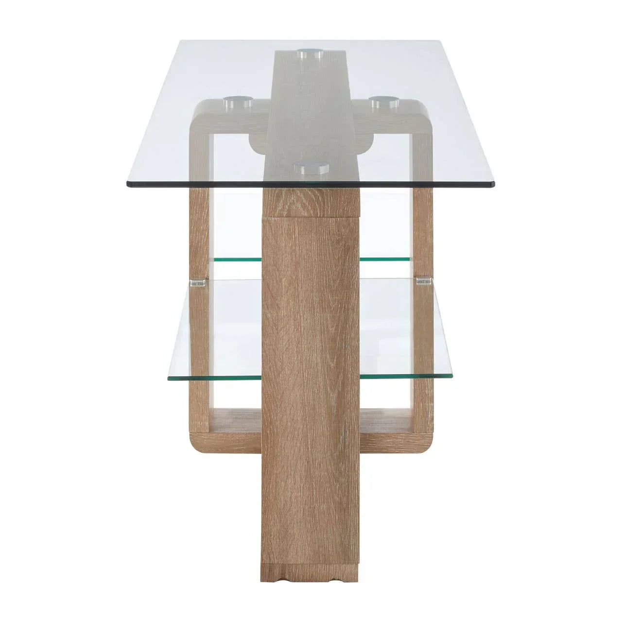 Modern glass dining table with light wood base and glass shelf, front view