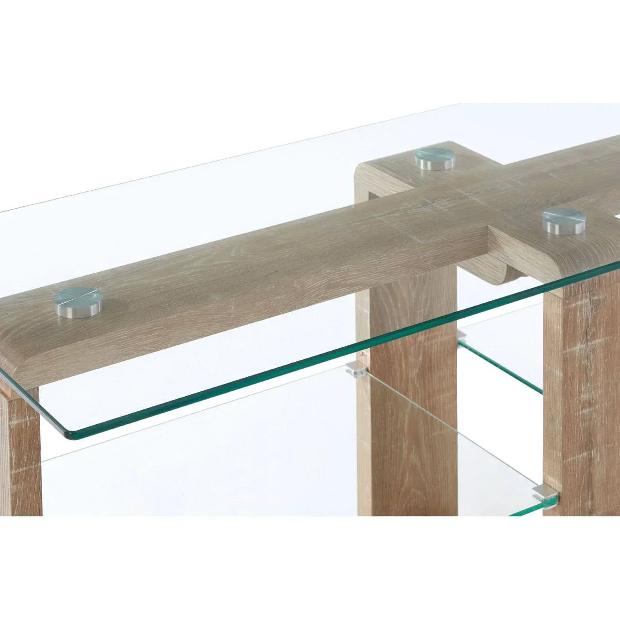 Glass console table with wooden frame and metal accents, close-up of top and shelf