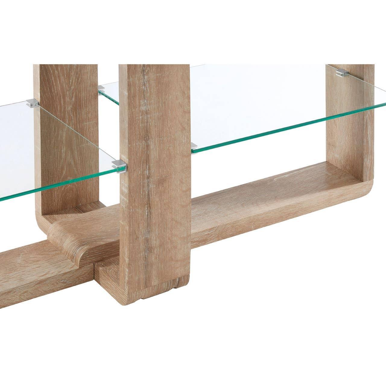 Oak effect console table with clear glass shelves and modern frame, side angle view