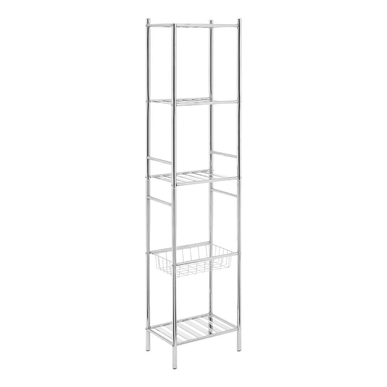 Five-tier chrome shelf unit featuring a sleek, modern design with open shelving and a woven basket on the bottom shelf, ideal for storage and organization in any room