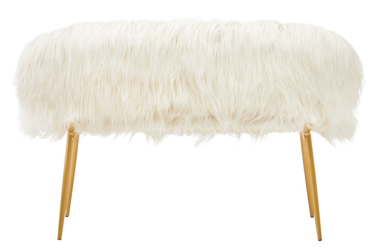 A two-seat sofa upholstered in soft white faux fur, featuring a plush, rounded backrest and seat. The sofa is supported by sleek gold finish legs that add a modern touch to its design