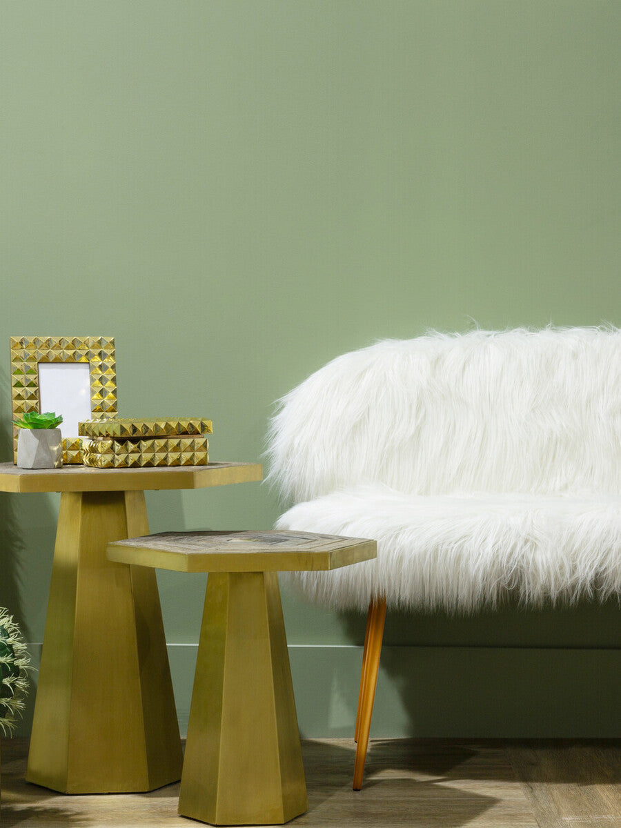 A cozy two-seat sofa upholstered in white faux fur, featuring sleek gold finish legs. The sofa is positioned against a soft green wall, accompanied by two modern gold side tables, one holding a small plant and a decorative frame