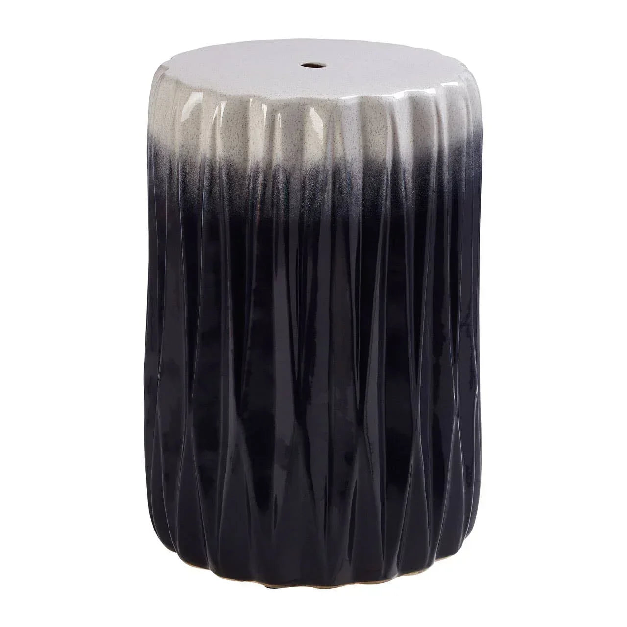Ceramic side table with black and grey glaze and textured ribbed design