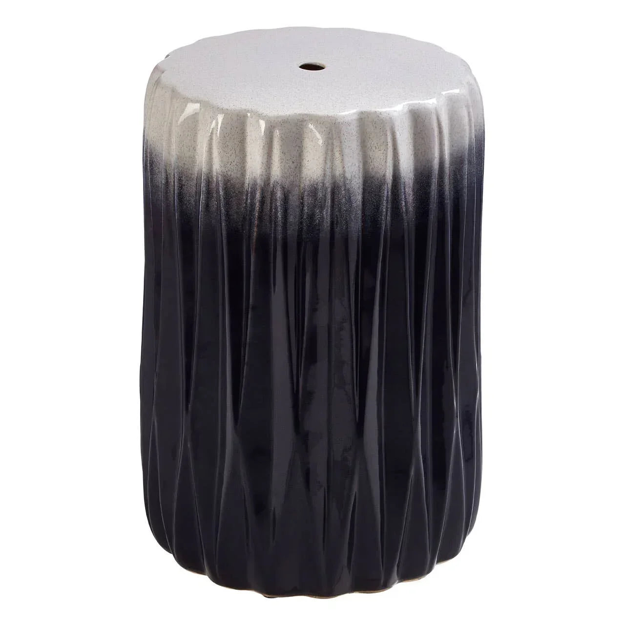 Black and grey ceramic garden stool with ribbed texture and glossy finish