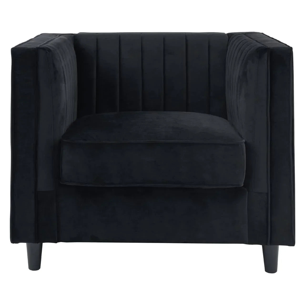 Black velvet armchair with vertical channel tufting and square arms, front view