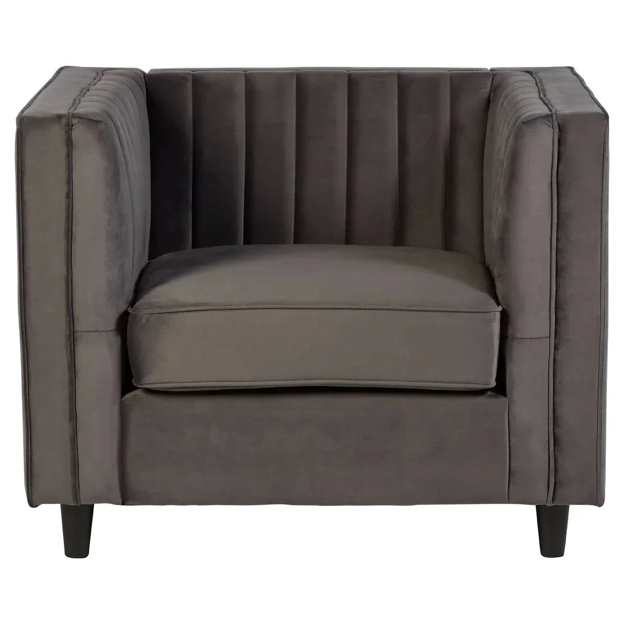 Grey velvet armchair with vertical channel tufting and black tapered legs, front angle view