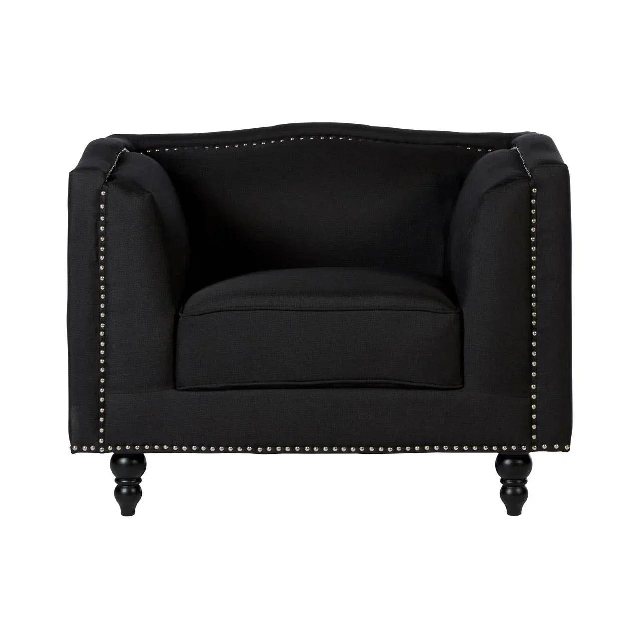 Black armchair with silver stud detailing and turned wooden legs, front view