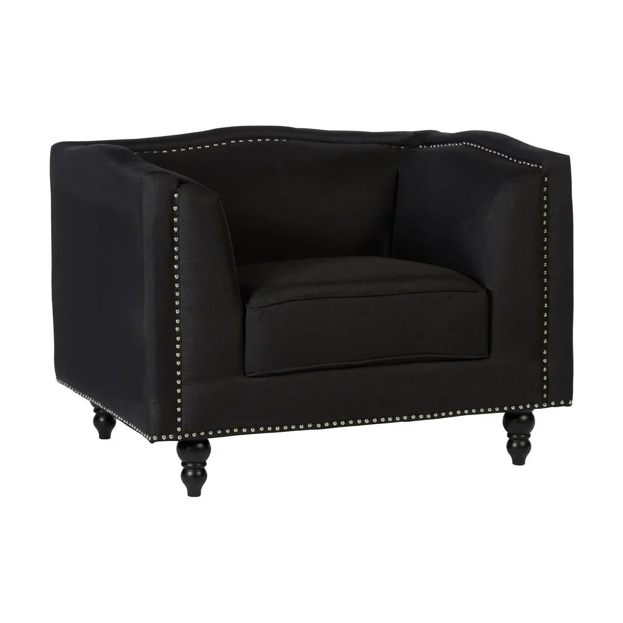 Black fabric armchair with silver stud detailing and turned wooden legs, front angle view