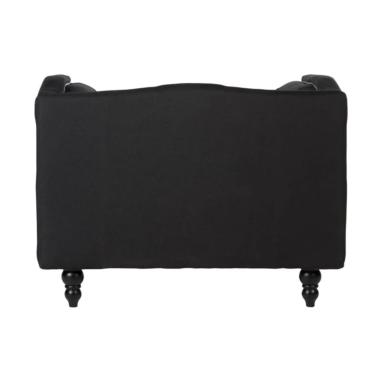 Back view of black fabric sofa with turned wooden legs