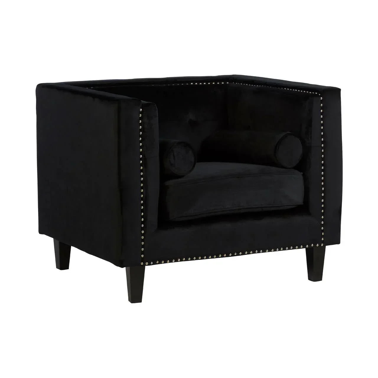 Black velvet armchair with studded trim and cylindrical cushions, front angle view