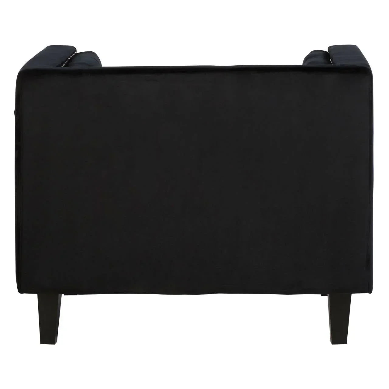 Black velvet sofa back view with slim wooden legs and clean lines
