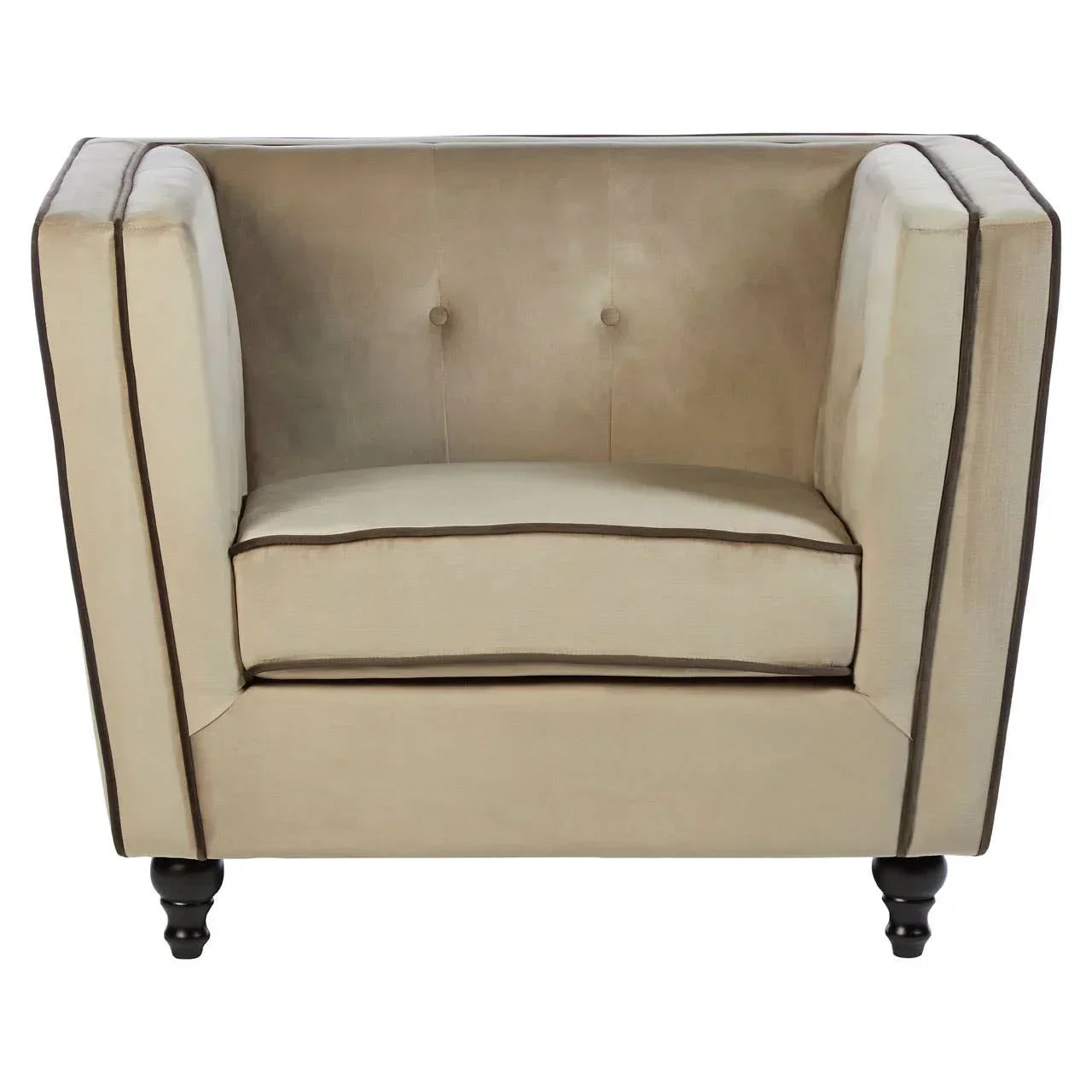 Beige velvet armchair with dark trim and button tufting, front view on turned legs