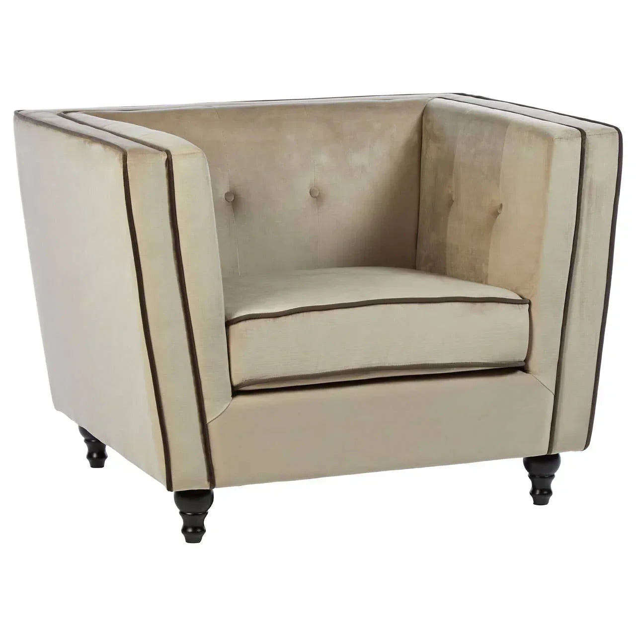 Velvet armchair with high sides, button-tufted backrest, dark trim and turned wooden legs